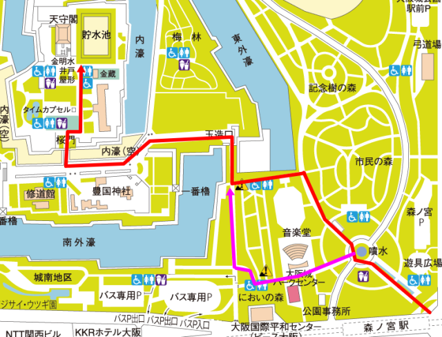 森ノ宮駅から大阪城天守閣までのルートマップ