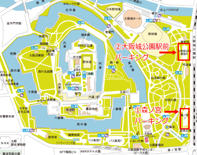 大阪城公園の普通車駐車場マップ