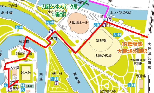 JR大阪城公園駅、地下鉄大阪ビジネスパーク駅から大阪城天守閣までの地図