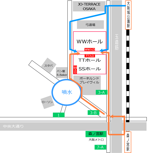 WWホール、TTホール、SSホール（COOL JAPAN PARK OSAKA）マップ（大阪城公園駅からと森ノ宮駅からの行き方矢印付き）