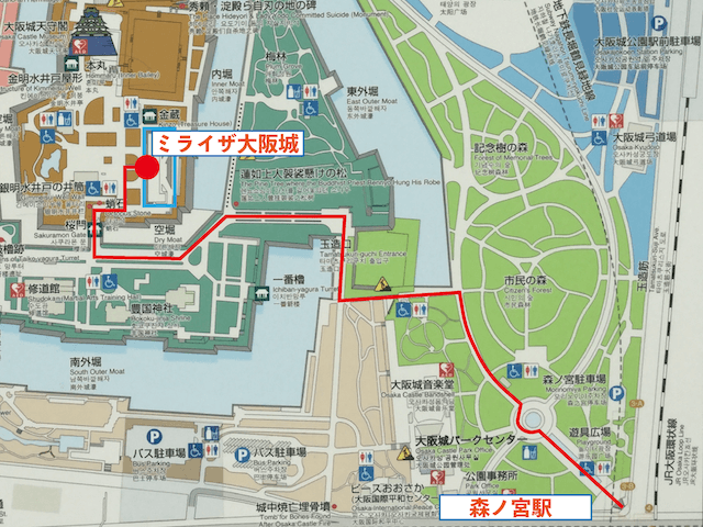 ミライザ大阪城のアクセス（森ノ宮駅からの地図）