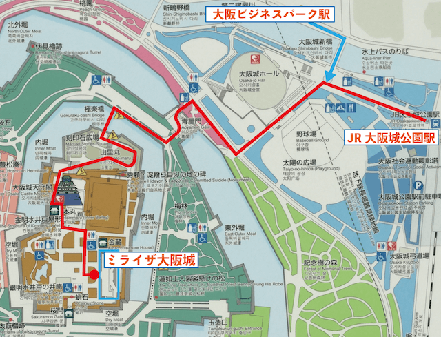 ミライザ大阪城のアクセス（JR大阪城公園駅・大阪メトロ「大阪ビジネスパーク駅」からの地図）
