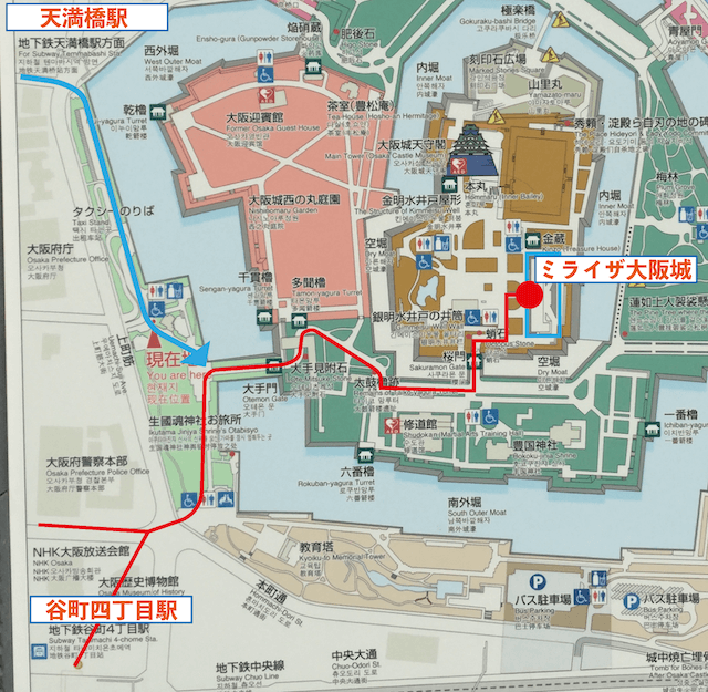 ミライザ大阪城のアクセス（谷町四丁目駅・天満橋駅からの地図）